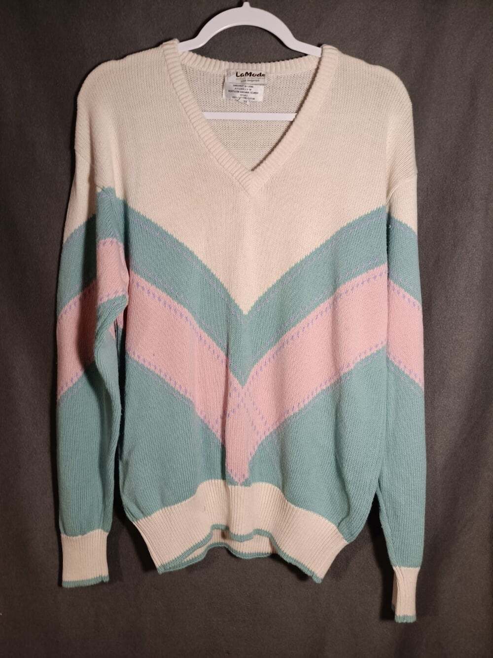 Lady La Mode Pastel Chevron Sweater Women's Large Cotton Ramie V Neck Vintage